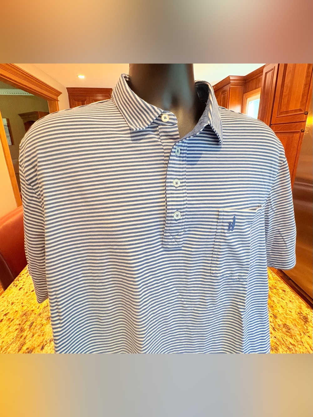 johnnie-O men’s golf polo. Sharp Blue & White Striped with logo.